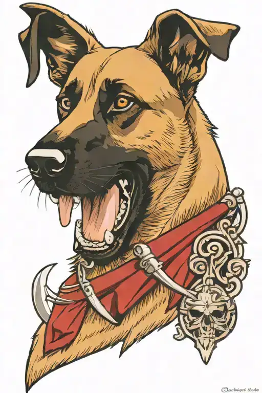 Belgian malinois head with dagger in mouth biting down tattoo design idea