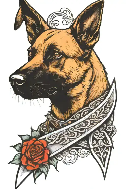 Belgian malinois head biting dagger tattoo design idea