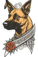 Belgian malinois head biting dagger tattoo design idea