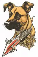 Belgian malinois head biting dagger tattoo design idea