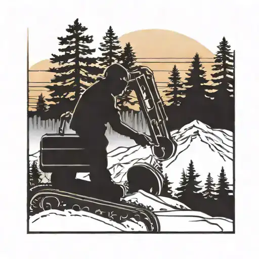 A silhouette of a heavy equipment operator working in the mountains, with a backdrop of a sunset and pine trees, representing the client's passion for hiking tattoo design idea