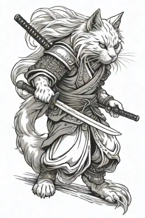 white long-haired cat as a samurai warrior holding a katana in front, ready for battle tattoo design idea
