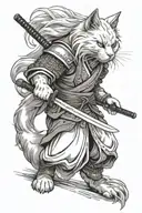 white long-haired cat as a samurai warrior holding a katana in front, ready for battle tattoo design idea