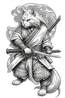 white long-haired cat as a samurai warrior holding a katana in front, ready for battle tattoo design idea