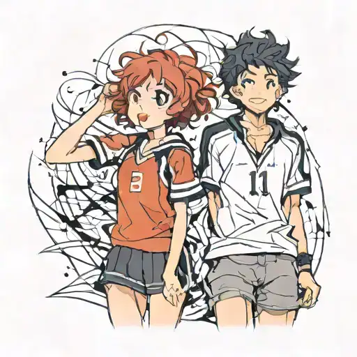 black curly hair boy next to short red haired girl haikyu tattoo design idea