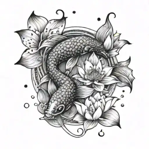 A dotwork design of a koi fish and lotus flowers merging into a yin/yang symbol tattoo design idea