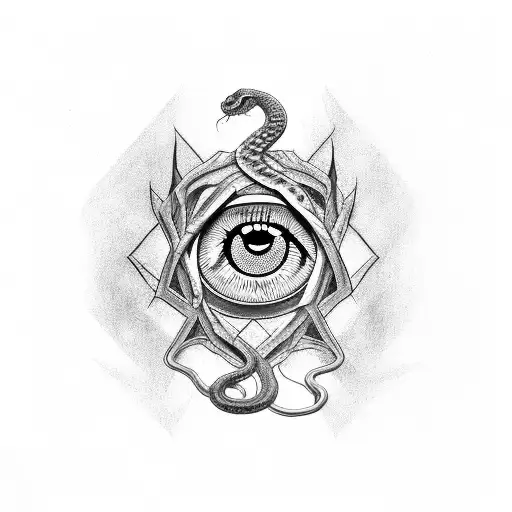 A gothic emo-inspired tattoo featuring a snake and an abstract eye in blackwork style. tattoo design idea