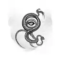 A gothic emo-inspired tattoo featuring a snake and an abstract eye in blackwork style. tattoo design idea