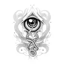 A gothic emo-inspired tattoo featuring a snake and an abstract eye in blackwork style. tattoo design idea