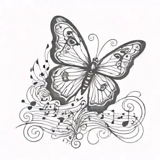 A sketch style tattoo of a butterfly with musical notes as wings tattoo design idea