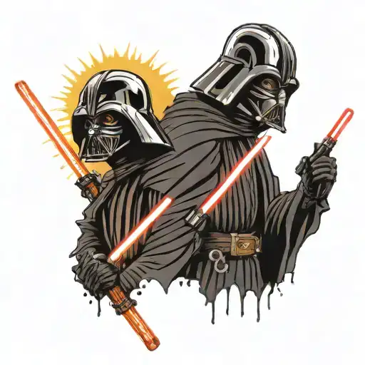 darth vaders melted head and darth mauls head going through a lightsaber with sun rays around it tattoo design idea