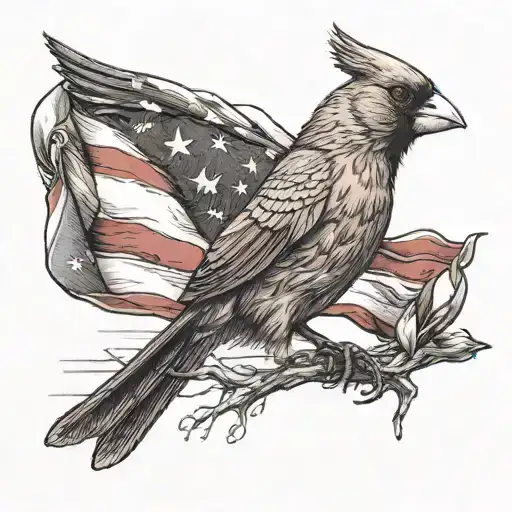 Fighting cardinal with scars with american flag flying in the background  tattoo design idea