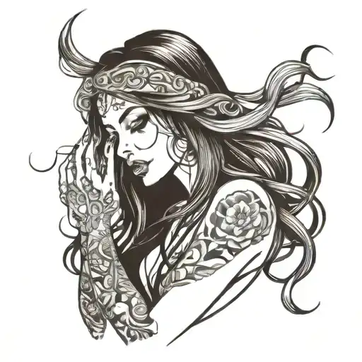 girl sexy with long hair, hair covering face, going insane, pretty tattoo design idea