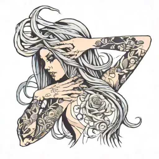 girl sexy with long hair, hair covering face, going insane, pretty, ghost  tattoo design idea