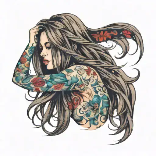 girl sexy with long hair, hair covering face, going insane, pretty tattoo design idea