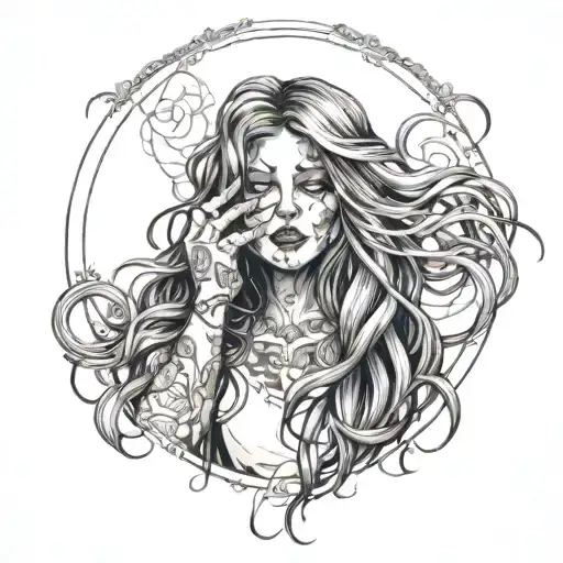 girl with very long hair covering her face going insane  tattoo design idea