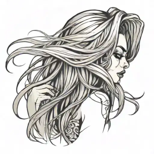 girl sexy with long hair, hair covering face, going insane, pretty tattoo design idea
