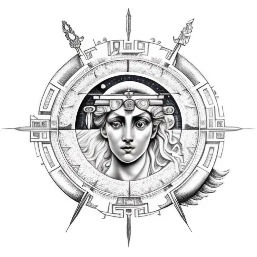 greek goddess, sagittarius , sun and moon tattoo design idea
