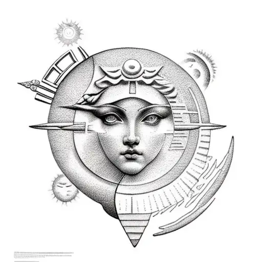 greek goddess, sagittarius , sun and moon tattoo design idea