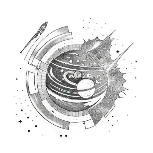 A space-themed sleeve tattoo featuring planets and stars made out of car parts and gaming logos tattoo design idea