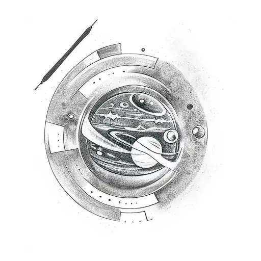 A space-themed sleeve tattoo featuring planets and stars made out of car parts and gaming logos tattoo design idea