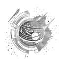 A space-themed sleeve tattoo featuring planets and stars made out of car parts and gaming logos tattoo design idea