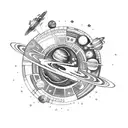A space-themed sleeve tattoo featuring planets and stars made out of car parts and gaming logos tattoo design idea