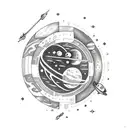 A space-themed sleeve tattoo featuring planets and stars made out of car parts and gaming logos tattoo design idea