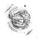 A space-themed sleeve tattoo featuring planets and stars made out of car parts and gaming logos tattoo design idea