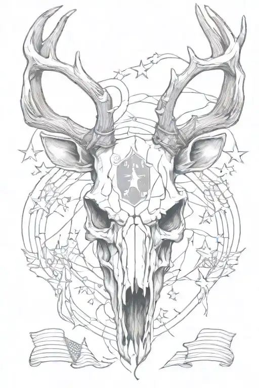 A sketch of a deer skull with antlers intertwined with an American flag tattoo design idea