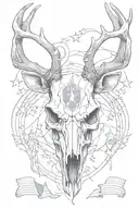 A sketch of a deer skull with antlers intertwined with an American flag tattoo design idea