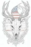 A sketch of a deer skull with antlers intertwined with an American flag tattoo design idea