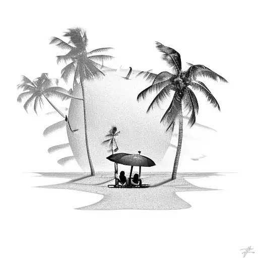 Beach scene during hurricane with palm trees bending and pier tattoo design idea