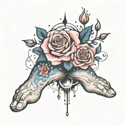 foot with galaxy and rose in footprint inside tattoo design idea