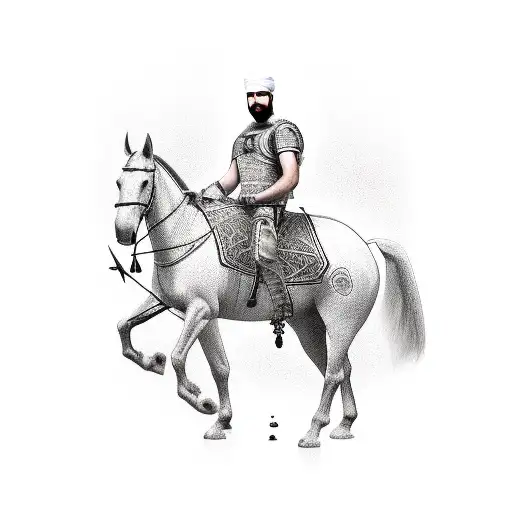 a wounded islamic warrior with a sword stuck in his back sitting on a horse tattoo design idea