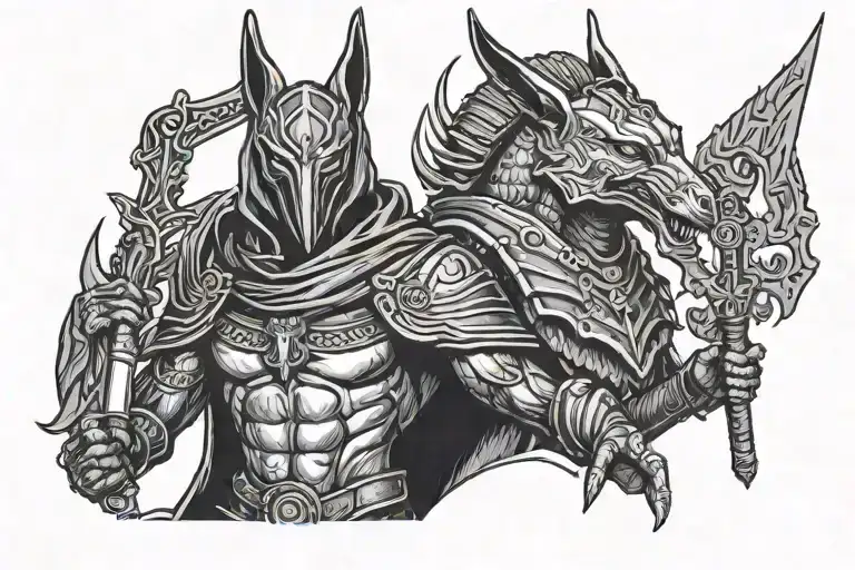 evil scary Anubis wearing a hood with armor holding a scepter with a crow on his shoulder  tattoo design idea