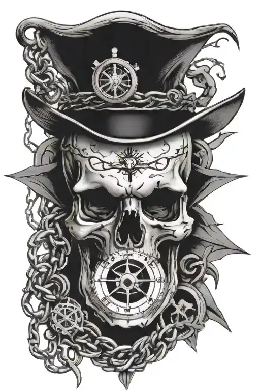 skull chains and compass tattoo design idea