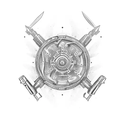 A car engine made up of intricate knife and gun parts tattoo design idea