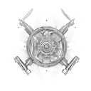 A car engine made up of intricate knife and gun parts tattoo design idea