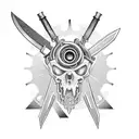 A car engine made up of intricate knife and gun parts tattoo design idea