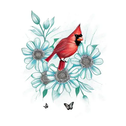 Cardinal and butterfly on flower tattoo design idea