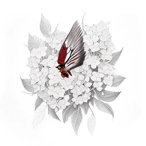 cardinal and butterfly on a hydrangea  tattoo design idea