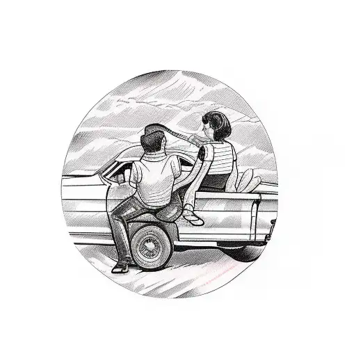 A sketch-style tattoo of a father and daughter sitting in a vintage truck, enjoying a scenic off-roading adventure tattoo design idea