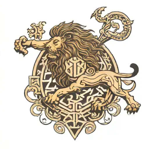 a back bone tattoo that has in it a lion,viking symbol mean "create your own reality" , greek symbol  tattoo design idea