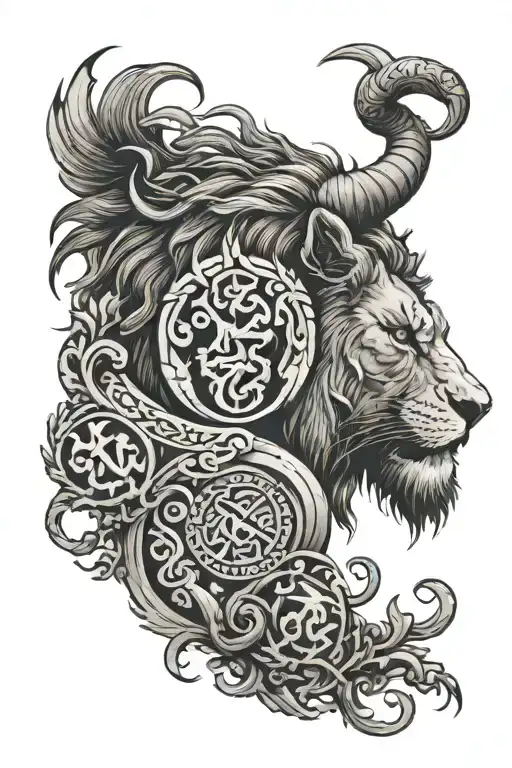 a back bone tattoo that has in it a lion,viking symbol mean "create your own reality" , greek symbol  tattoo design idea