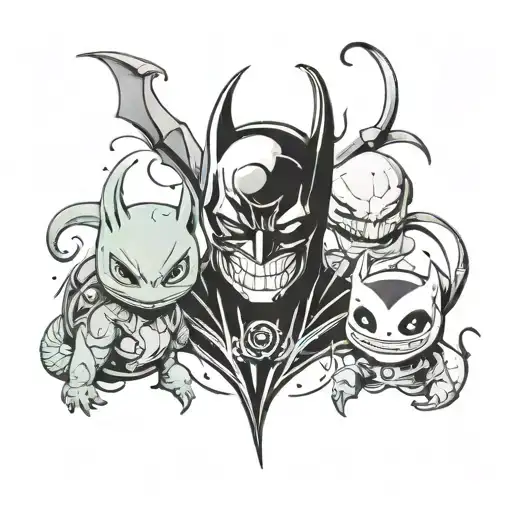 batman, xenomorph, squirtle pokemon, hellboy, guy fawks mask, watchmen smile, harry potter  tattoo design idea