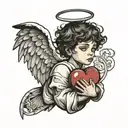 A black and white boy angel with a broken heart tattoo design idea