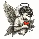 A black and white boy angel with a broken heart tattoo design idea