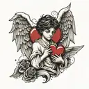 A black and white boy angel with a broken heart tattoo design idea