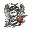 A black and white boy angel with a broken heart tattoo design idea